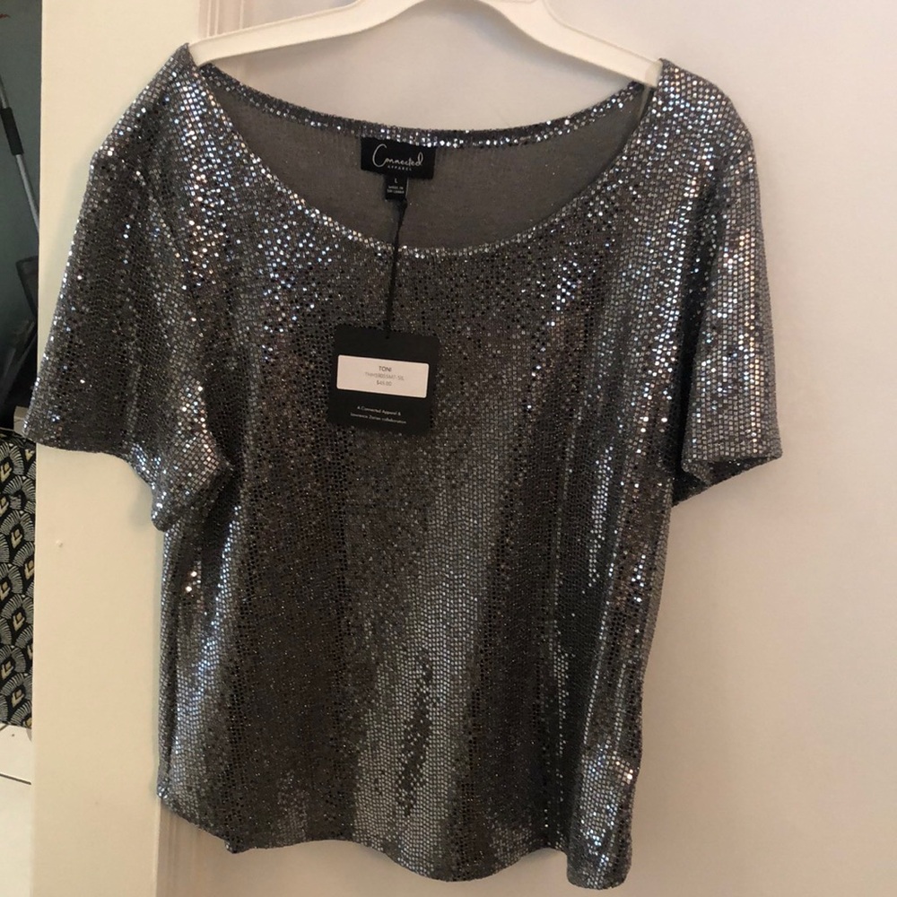NWT Connected Apparel silver sequined tee top, sz L